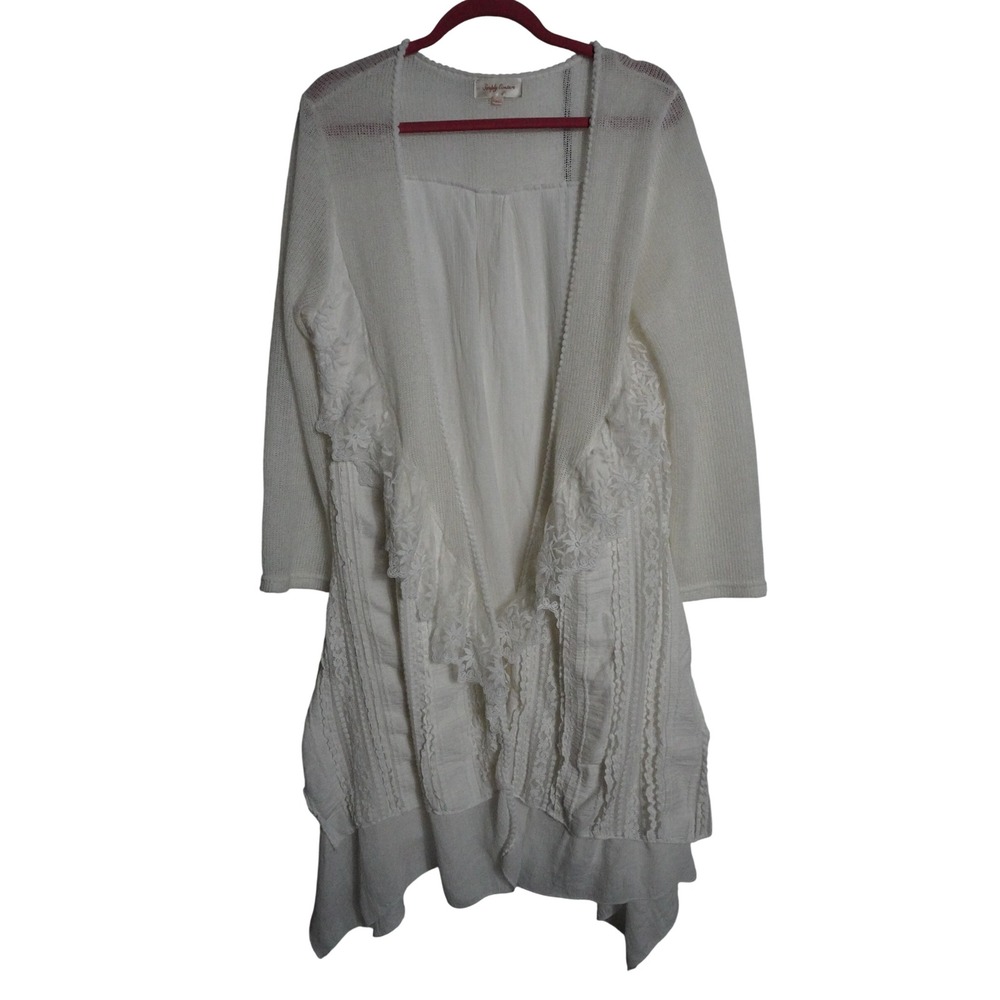 Simply Couture Cardigan XL Cottagecore Lace Ruffle Layered Open Front Cream